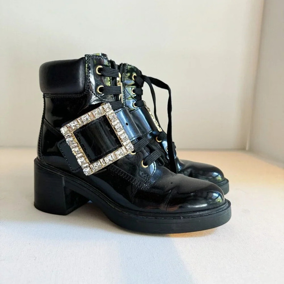 Roger Vivier Black Lace up Ankle Boots with  Rhinestone Buckle 36.5 - Picture 3 of 13